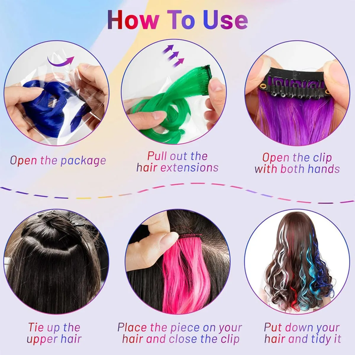 Colorful Clip in Synthetic Hair Extensions Party Highlights Rainbow Long Straight Hairpieces Colored Hair Extensions for Cosplay