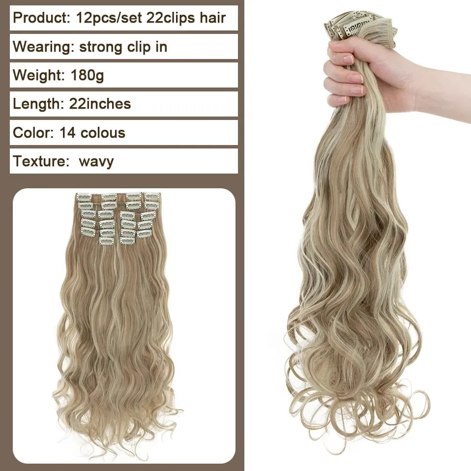 180g 12PCS Wavy Clip in Hair Extensions 22" Long Synthetic Thick Clip On Hair Extensions for Women Full Head Hairpiece