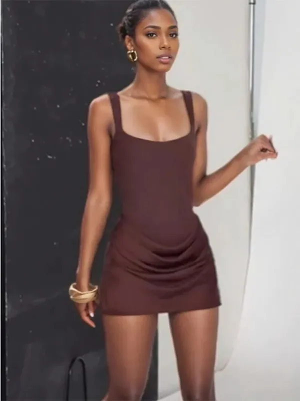Brown Wide Strap Pleated Hem Dresses Women's Sexy Sleeveless Slim Fit Chic Mini Gown 2025 New Lady Summer Holiday Party Vestidos