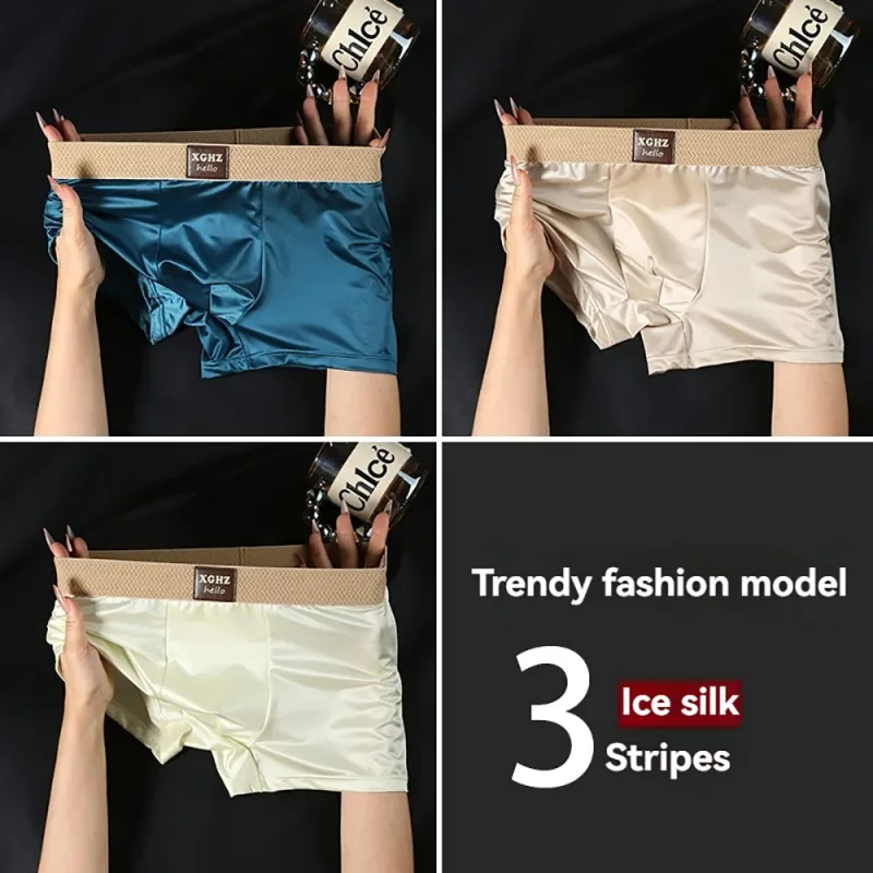 3st/förpackning Lyxig issilke satinliknande herrtrosor Supermjuk boxer Homme Cool Andas Bekväma mansunderkläder kalsonger