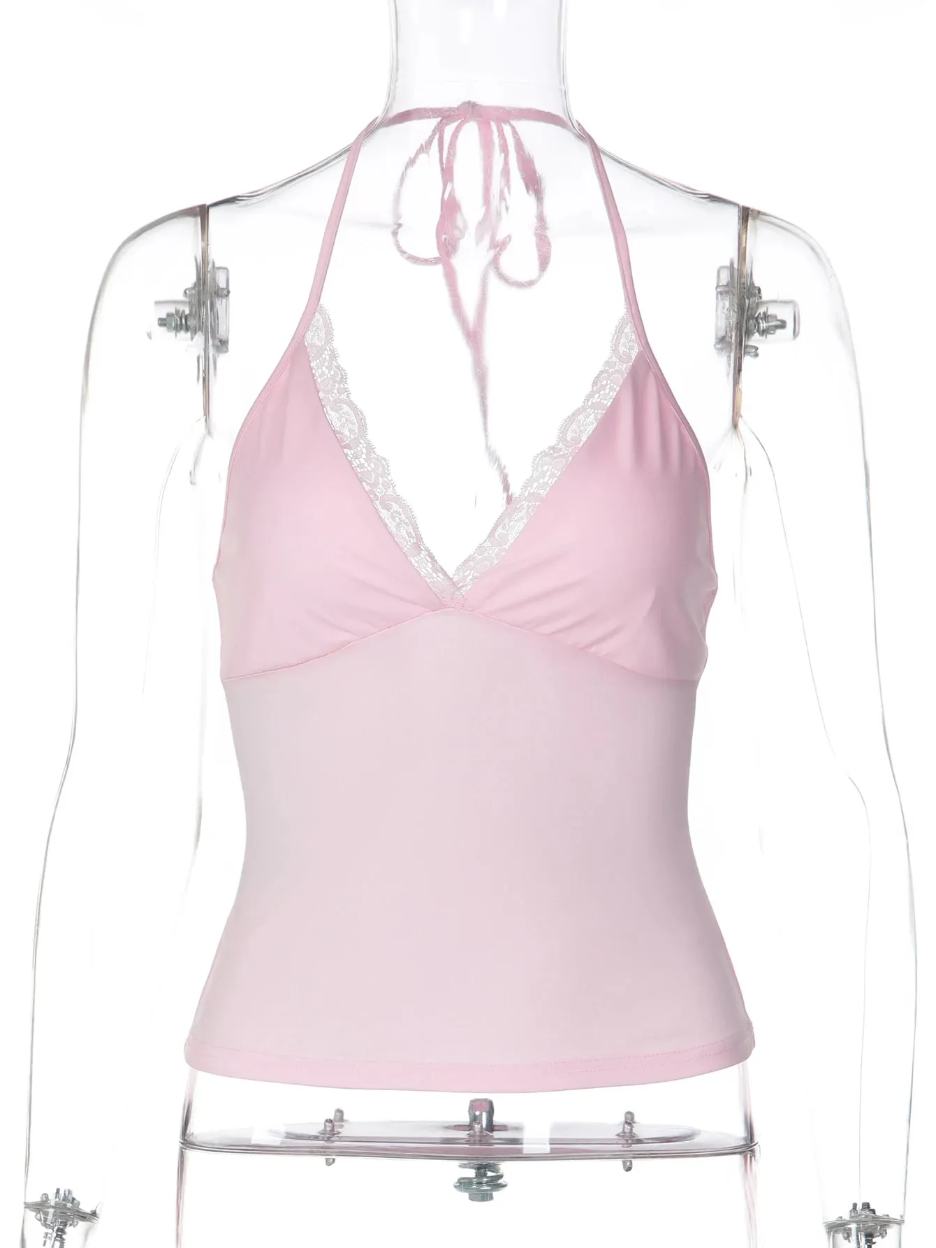 Summer Sexy Halter Backless V Neck Cami Top Y2K Strap Lace Up Lace Patchwork Camisole Women'S Casual Streetwear Tank Top Club