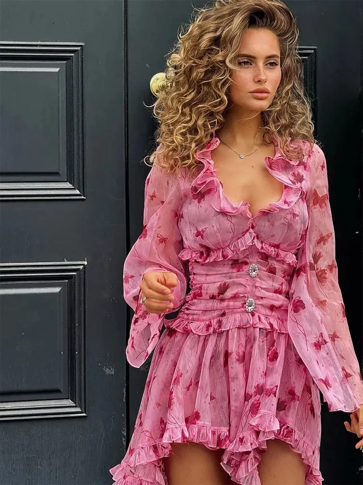 Deep V-neck Slim Short Dress Lady Casual Floral Print Long Puff Sleeve Ruched Hem Bodycon Dresses Women Party Vacation Gown