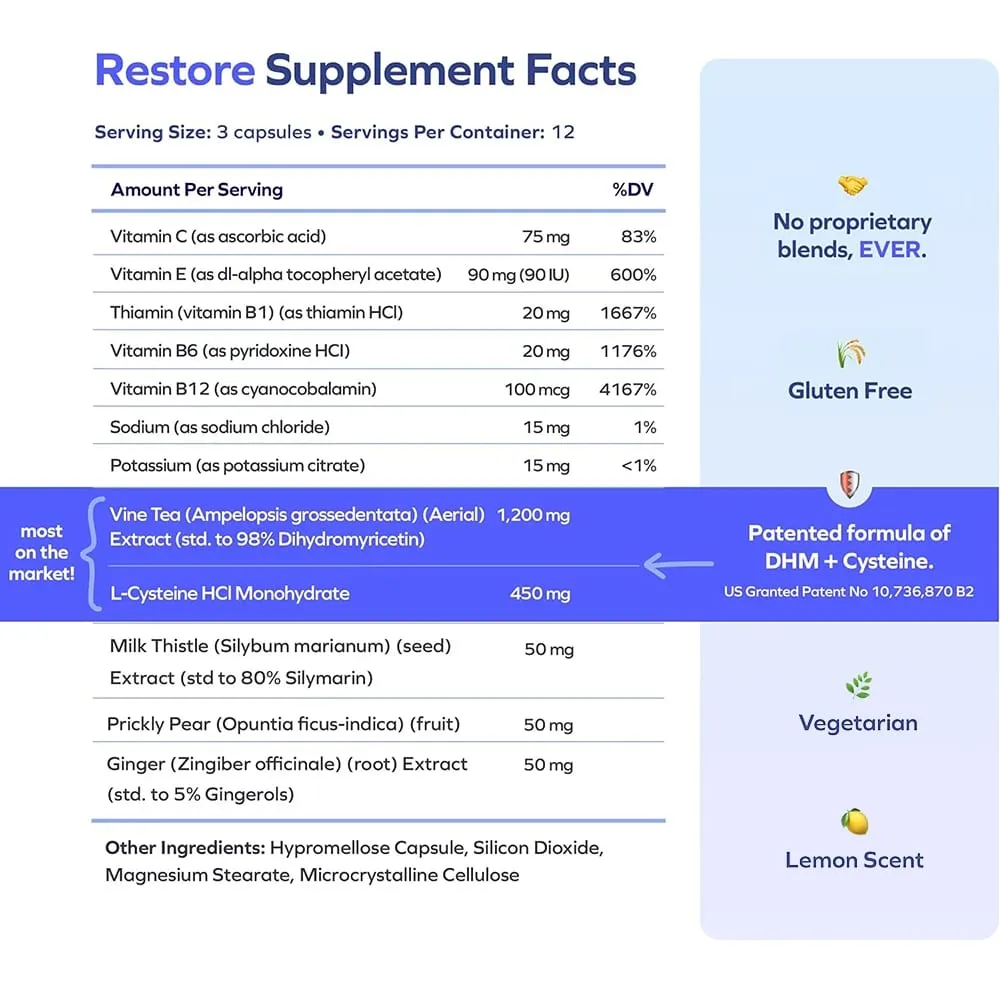 Restore After-Alcohol Aid Drink Supplement with DHM + L-Cysteine - Feel Better After Drinking & Support Your Liver - 36 Capsules