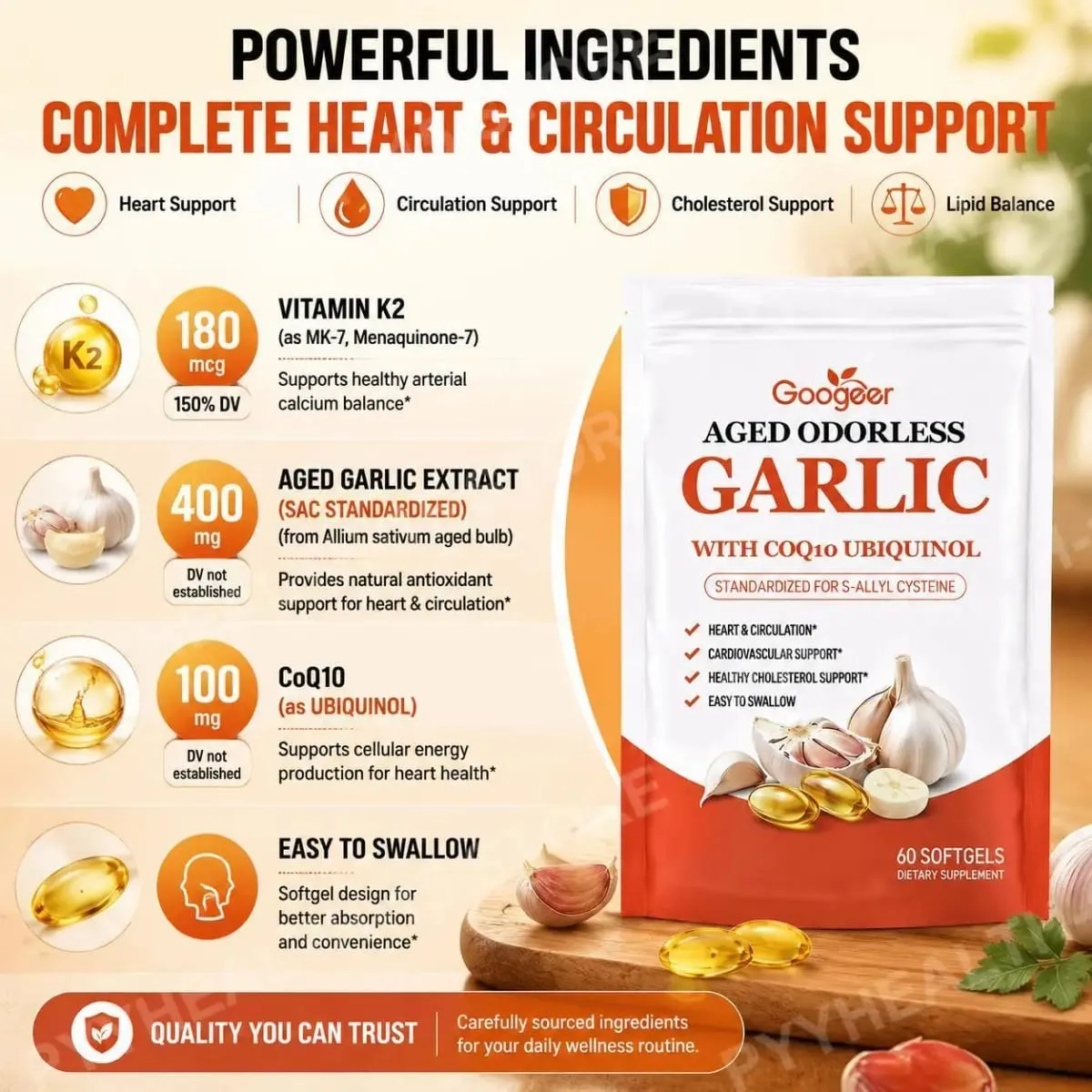 Googeer Aged Odorless Garlic Softgels with CoQ10 Ubiquinol Vitamin K2 MK-7 Heart Circulation Energy Immune Support 60 Count