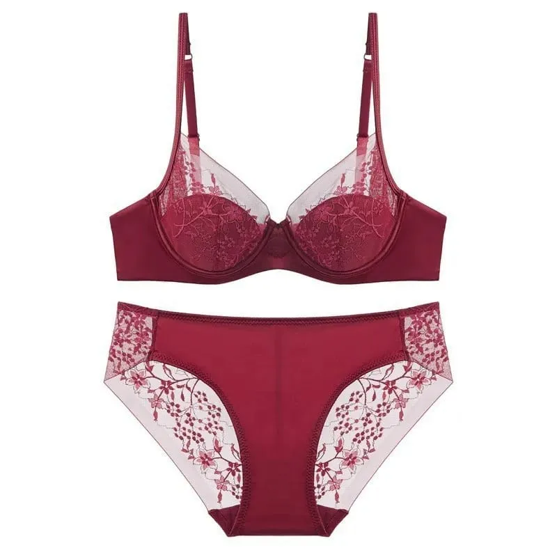 Thin Cup Lightly Lined Mesh Floral Lace Push-up Bra and Panties Set Beautiful Underwear for Woman Brassiere Sexy Lingerie