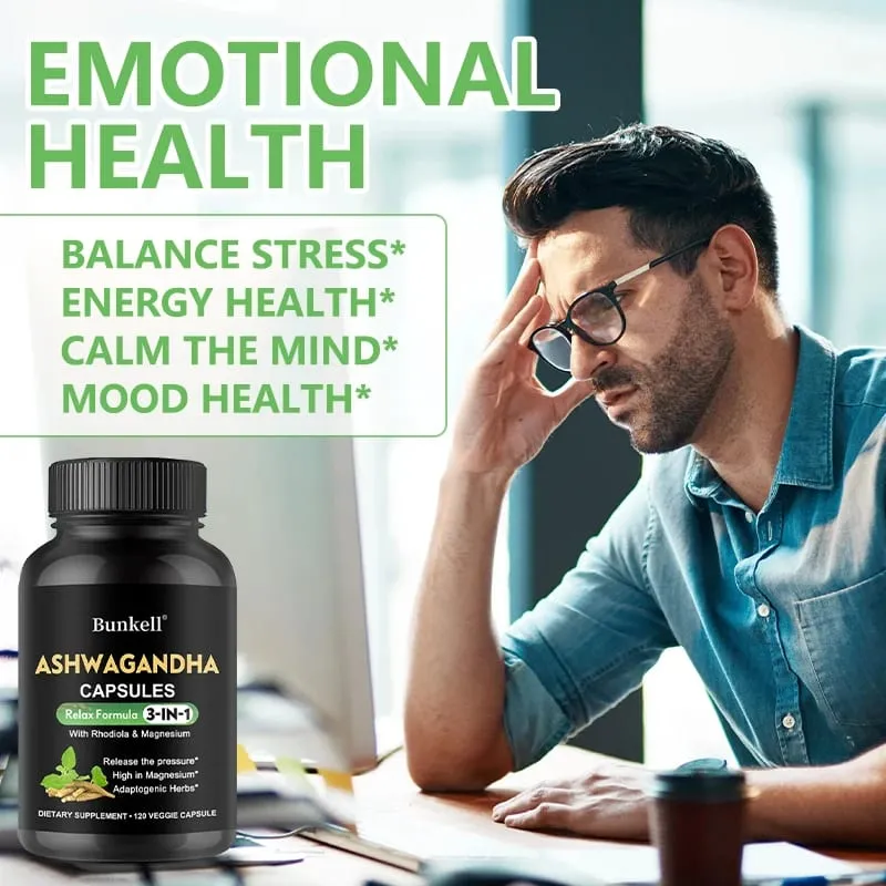 Pure Ashwagandha Root Extract Capsules With Magnesium for Natural Mood Stress Focus Brain Energy Sleep Health Support