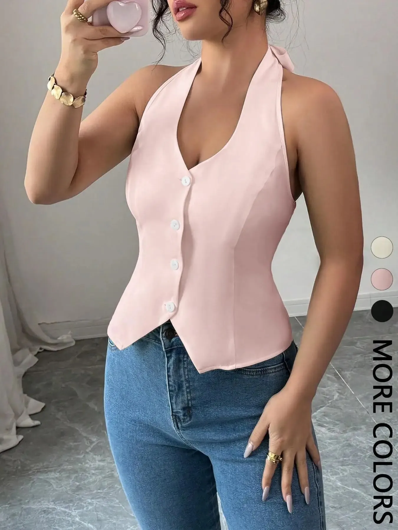 Women's Solid Color Casual Button-Up Halter Top Tank Vest One Piece Comfortable Breathable Fashionable Summer Wear