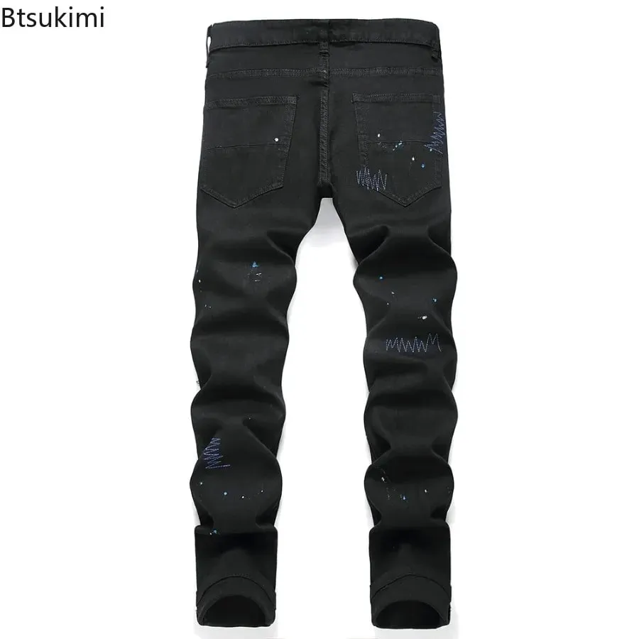 2026 New Men's Fashion Crystal Cross Stretch Denim Jeans Holes Ripped Distressed Black Pants Embroidery Slim Tapered Trousers