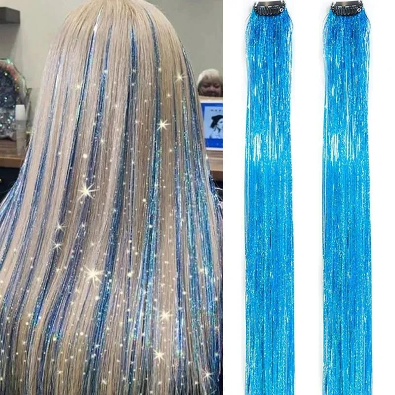 2PCS Synthetic Hair Tinsel Clip in Extensions Colored Sparkle Hair Tinsel Kit with BB Clip for Kids Girls Christmas Party Use