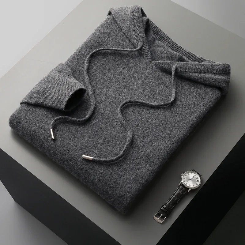 DjzDsm 100% Merino Wool Men's One-piece Ready-to-Wear Hoodie Knitted Sweatshirt Autumn Winter Casual Large Top Long Sleeved