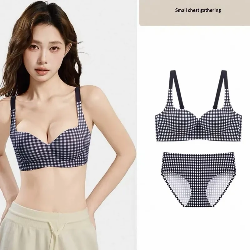 Seamless One-Piece Plaid Bra Set Gathers Small Breasts Makes Them Look Bigger Lifts Comfortable Wireless Underwear Set