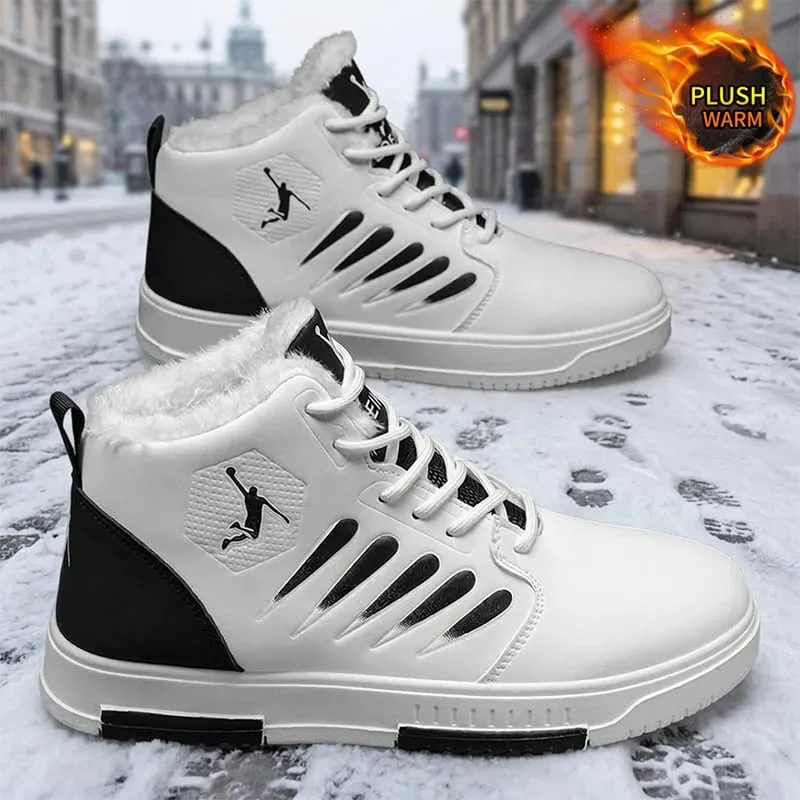 Men Winter Fleece Lined High‑top Sneakers Lace‑up Leather Upper Non‑slip Sole Warm Casual Skate Shoes For Daily Wear