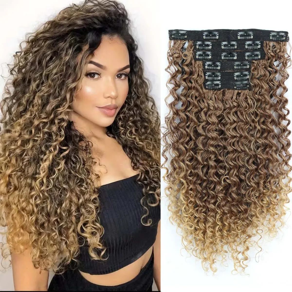 16 Clip In Hair Extensions Synthetic Kinky Curly Full Head Fake Pieces Brown Black Hair Extensions Suitable For Black Women