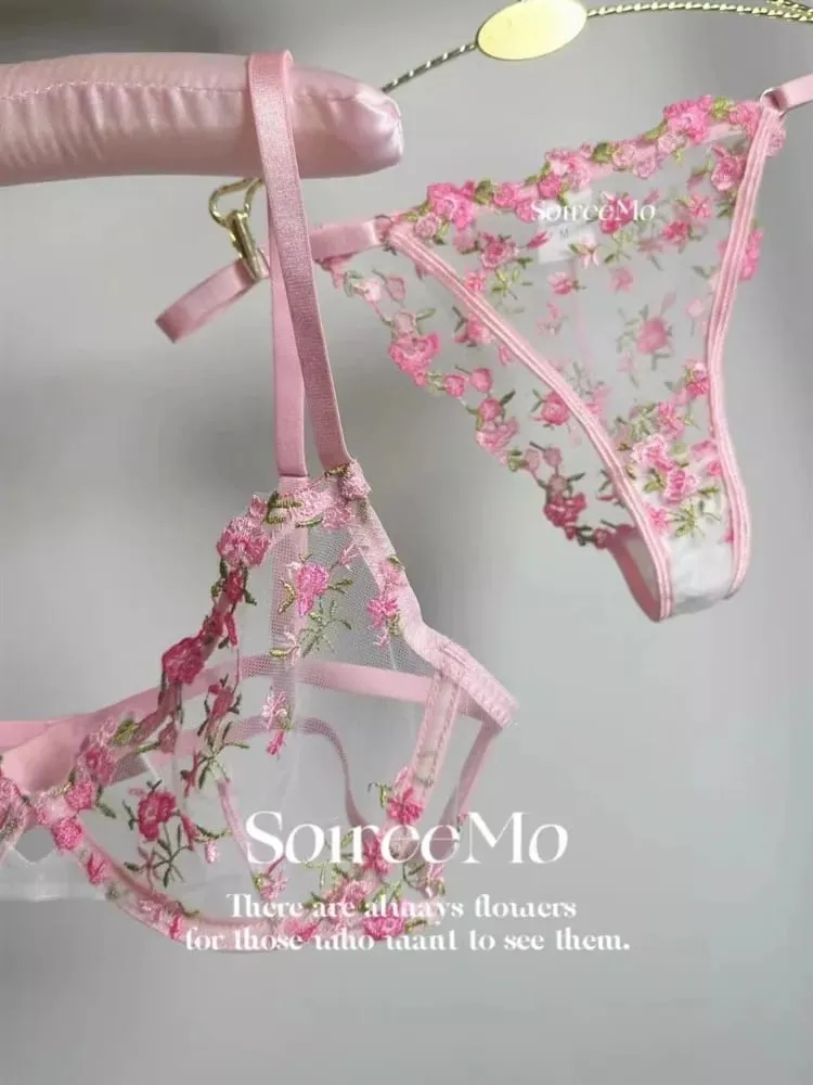 European Maid Elegance Underwear Floral Lace See-Through Set 32-38AABB Romantic French Style Sensual Lingerie for Women MOYISU