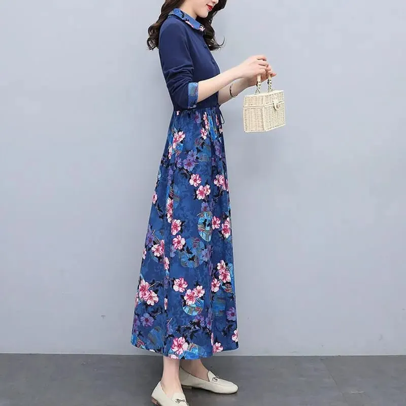 Pambabaeng Damit Mga Kaswal na Naka-print na Dress Spring Autumn Bagong Single-breasted Fashion Turn-down Collar Commute Drawstring Long Dress