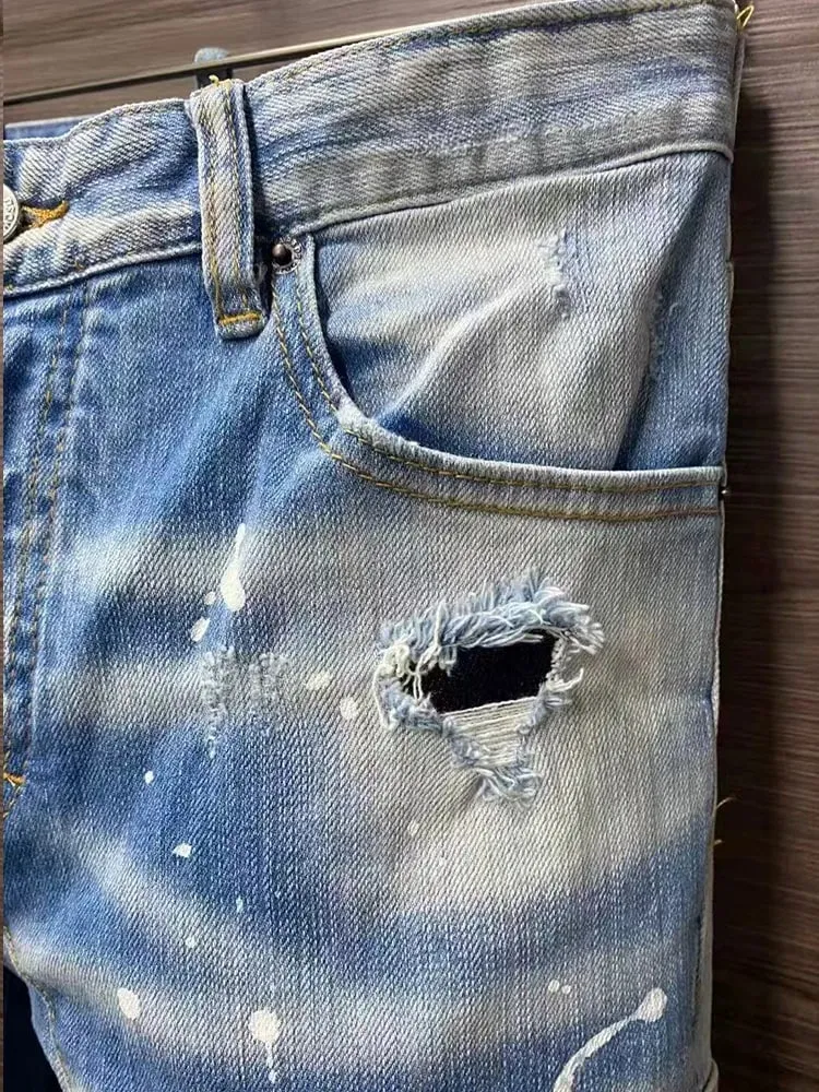 New Men's Ripped Jeans Distressed Elastic Slim Pencil Fit Denim Pants Paint Splatter Streetwear Y2K High Street Biker Trousers