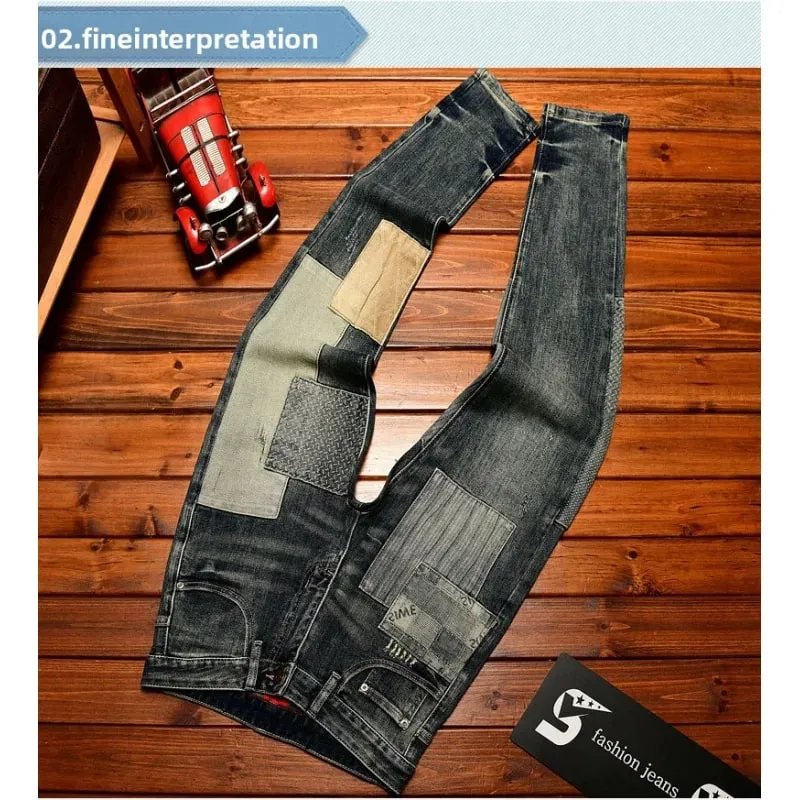 Retro and nostalgic patchwork design jeans for men trendy and fashionable street men's clothing slim fit small foot long pants