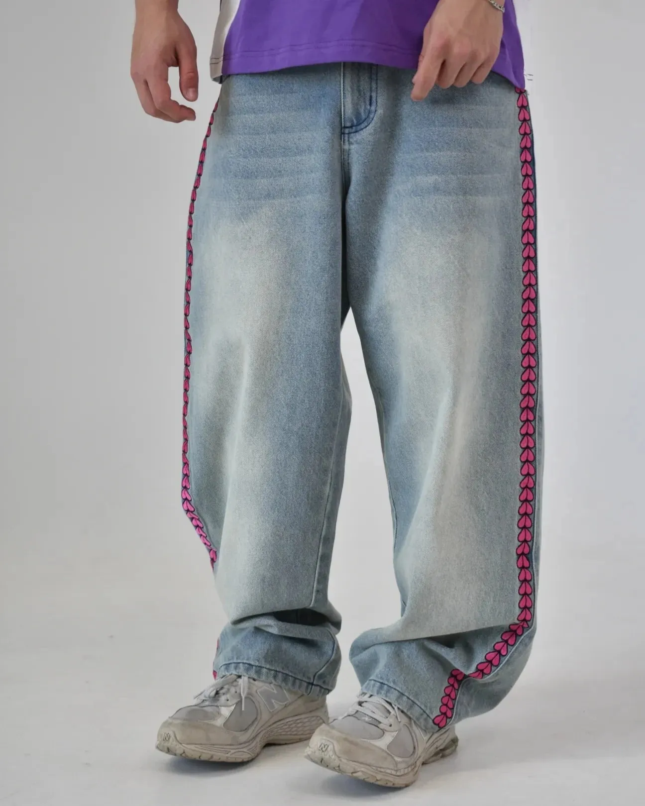 Y2K Men D4C JoJo High Waist Baggy Jeans Women Pink Heart Side Embroidery Loose Fit Washed Denim Pants Streetwear Wide Leg Pants