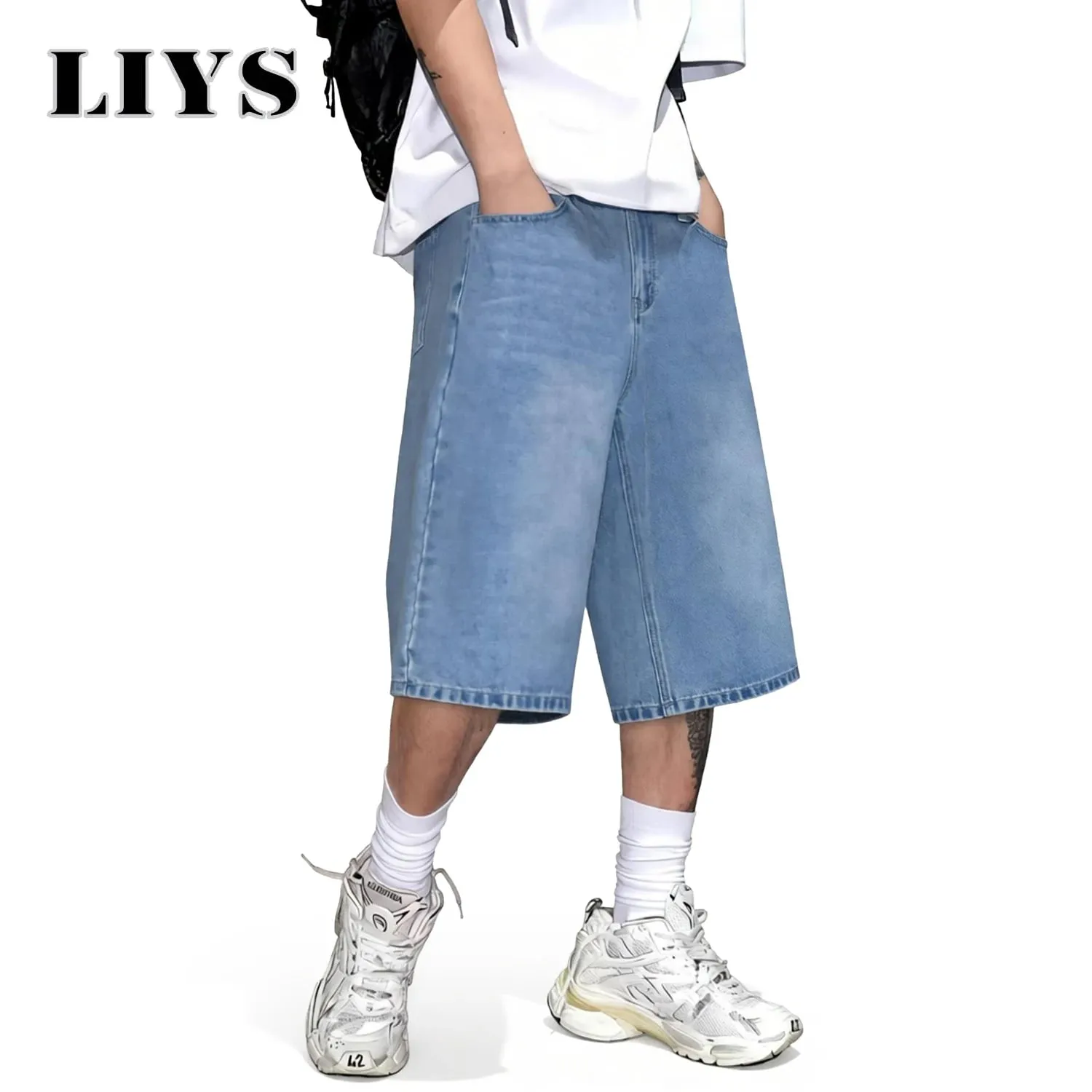Men's Simple Light Blue Retro Ultra Baggy Wide-Leg Denim Shorts Student Youth Street Casual Oversized Baggy Jeans Unisex