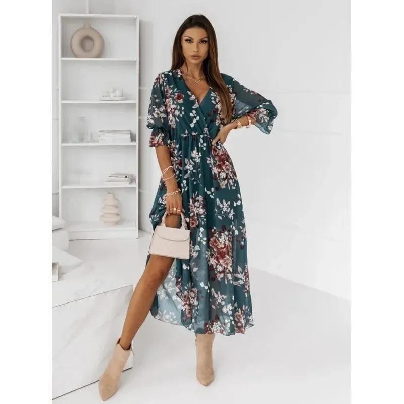 Women's V-Neck Midi Dress Chiffon Print Waist-Cinched Side-Slit Soft Polyester Fiber Comfortable Spring Summer New Style