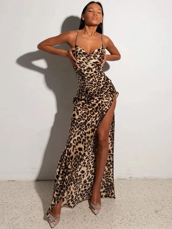 Leopardtryck Kvinnor Kedjerem Sida Slit Maxiklänning Rygglös Bodycon Sexig Streetwear Festival 2024 Kväll Elegant