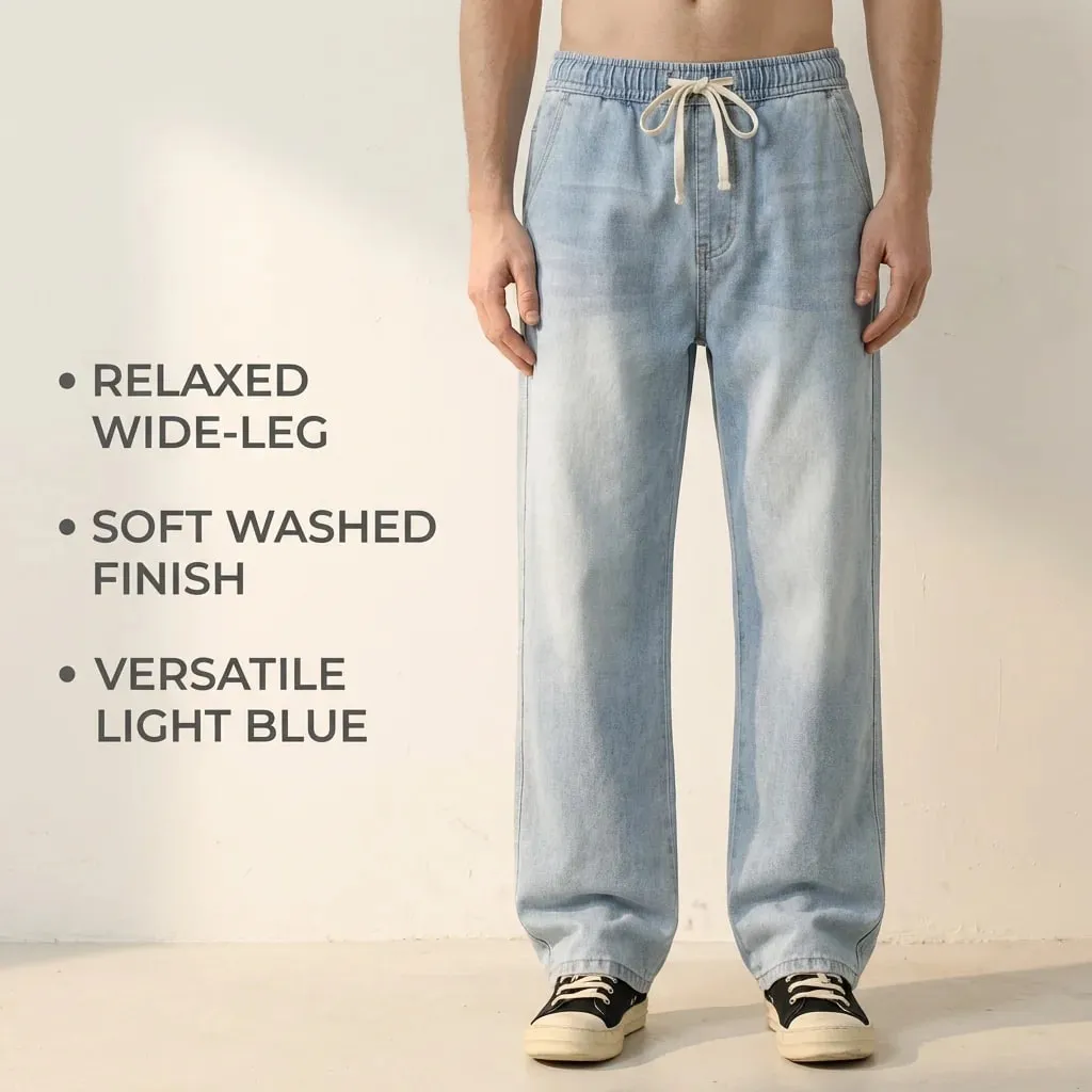 Men's Light Blue Elastic Waist Drawstring Loose Jeans Spring Summer Autumn Winter Versatile Comfortable Fit Casual Denim Pants