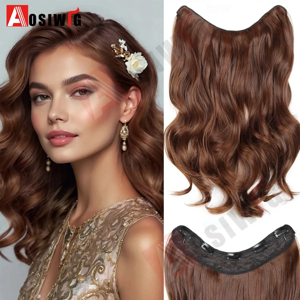 20Inch Synthetic Long Wavy Curly 5 Clip in Hair Extension Fashion Invisible V-shaped Heat Resistant Black Hairpiece for Women