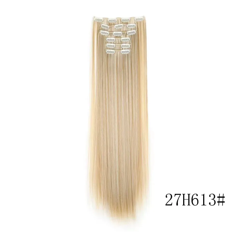 24 Inches Long Synthetic Hairpieces for Women 6Pcs Medium Brown Blonde Highlights Clip In Natural Thick DIY Styling Fiber Hair