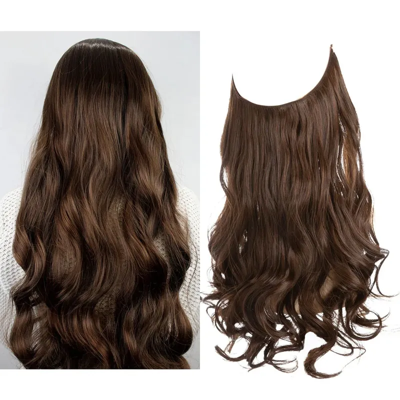 Sintético sem clipes na extensão do cabelo natural ombre preto loiro rosa uma peça onda longa fio invisível falso pedaço de cabelo
