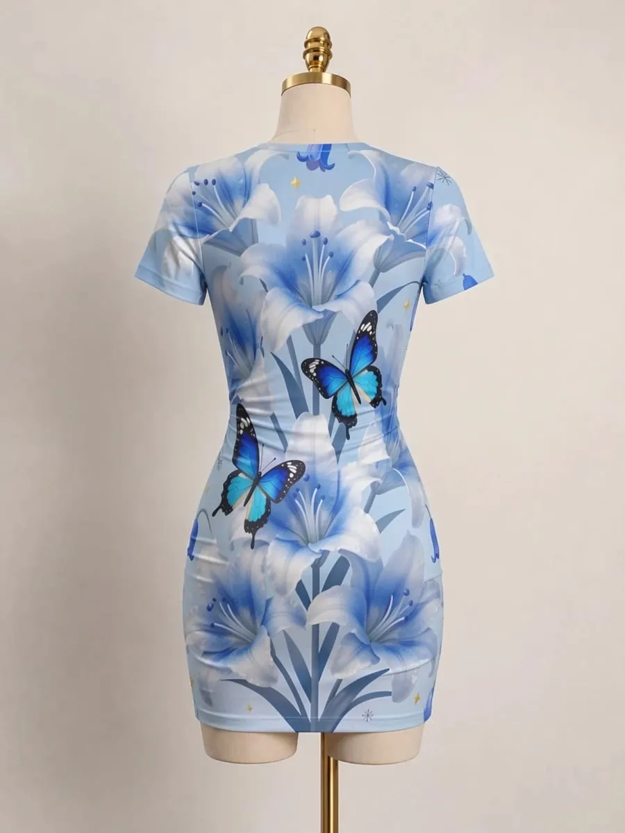 Womens Short Sleeve Bodycon Mini Dress Slim Fit Crew Neck Floral Print Casual Summer Party Cute Elegant Travel Vacation Sundress