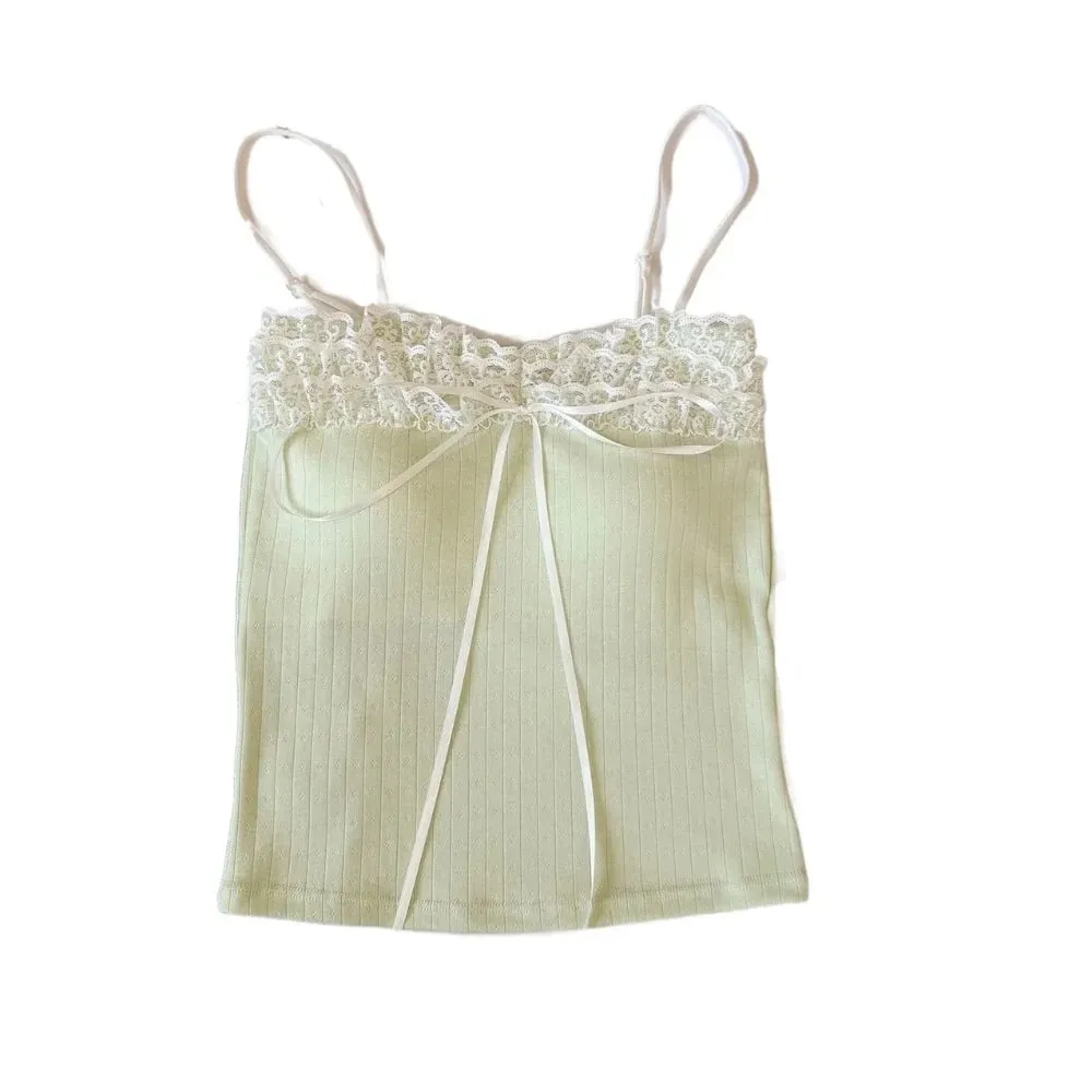 Korean Style Bow Slim Lace Crop Top Sweet Summer Girl's Vest Top Bottoming Shirt Spice Girls Style Camisole with Pads Lady