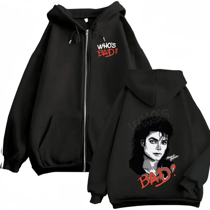 King of Pop Michael Jackson Bad Era Zipper Hoodie Men Women Harajuku Streetwear Jacket Sweatshirt Fleece Casual Zip Up Pullovers
