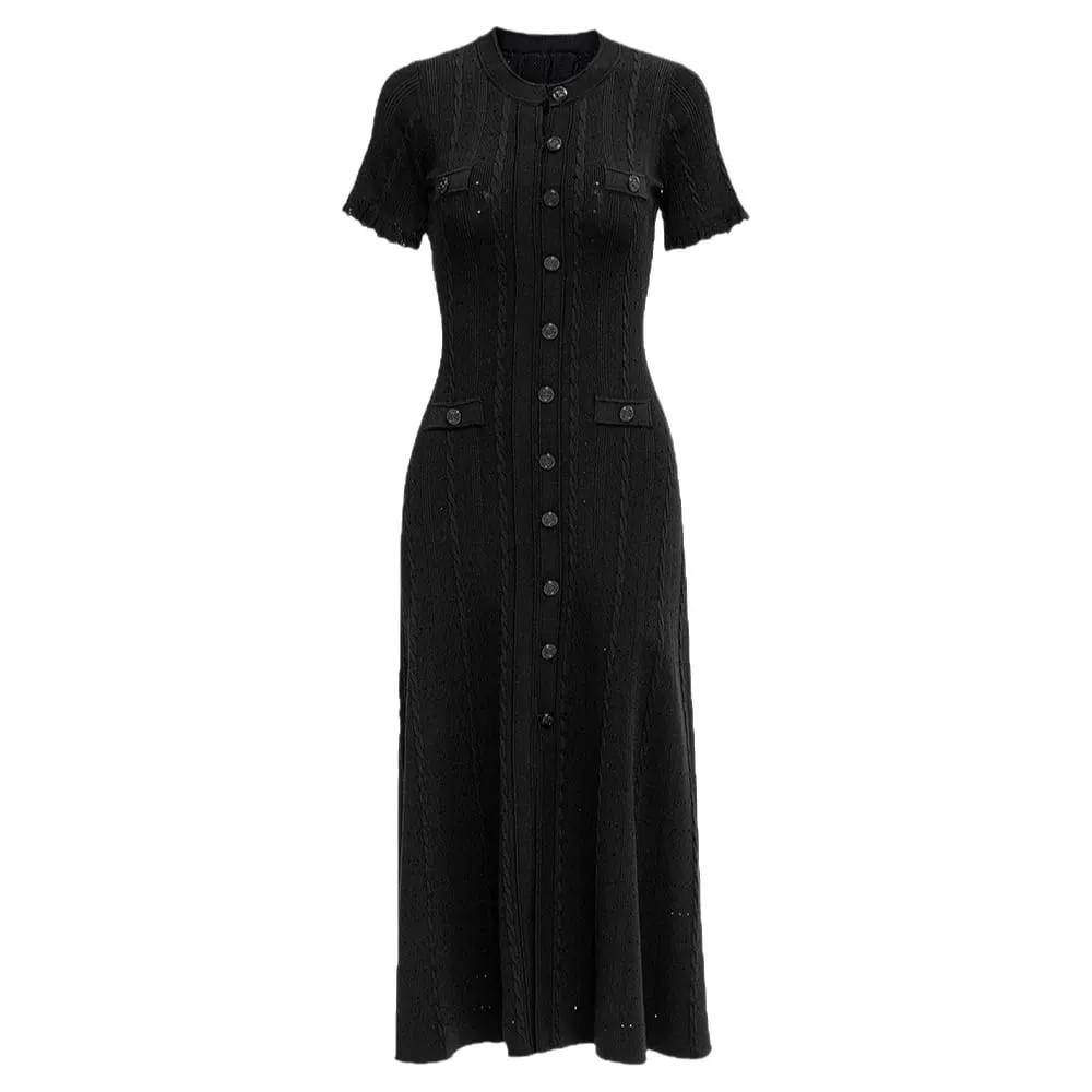 Elegant Knitted Dress round Neck Short Sleeve Hollow out Long Dress Ribbed Single Button Knitted Dress Fashionable Commute Style