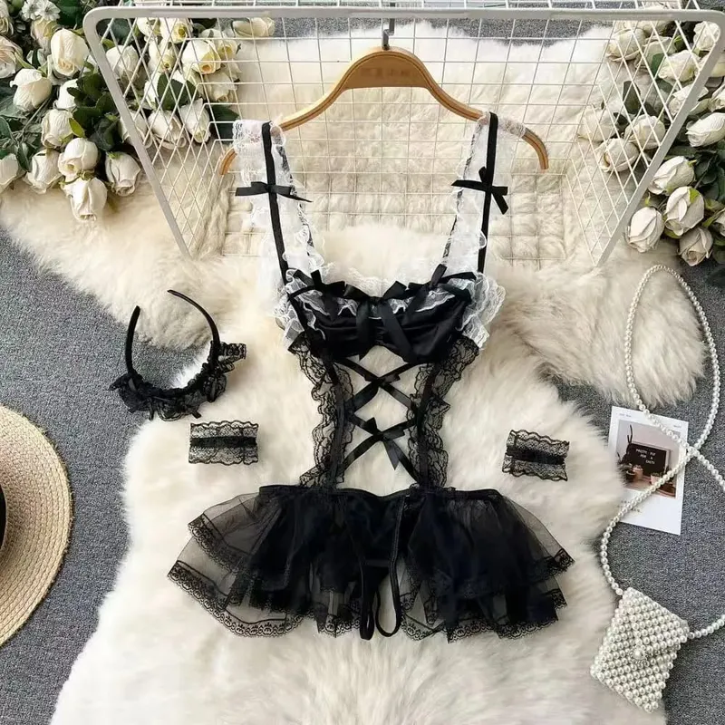 Women Sensual Lace Dress Women V-Neck Open crotch Slim Comfortable Dress Fashion Breathable Sheer Mesh Short Dress New
