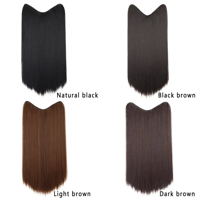 Synthetic 24Inch Long Straight One Piece Hair Extension 4 Clips V-shaped Hairstyle Black Brown Hairpiece for Women Daily Use