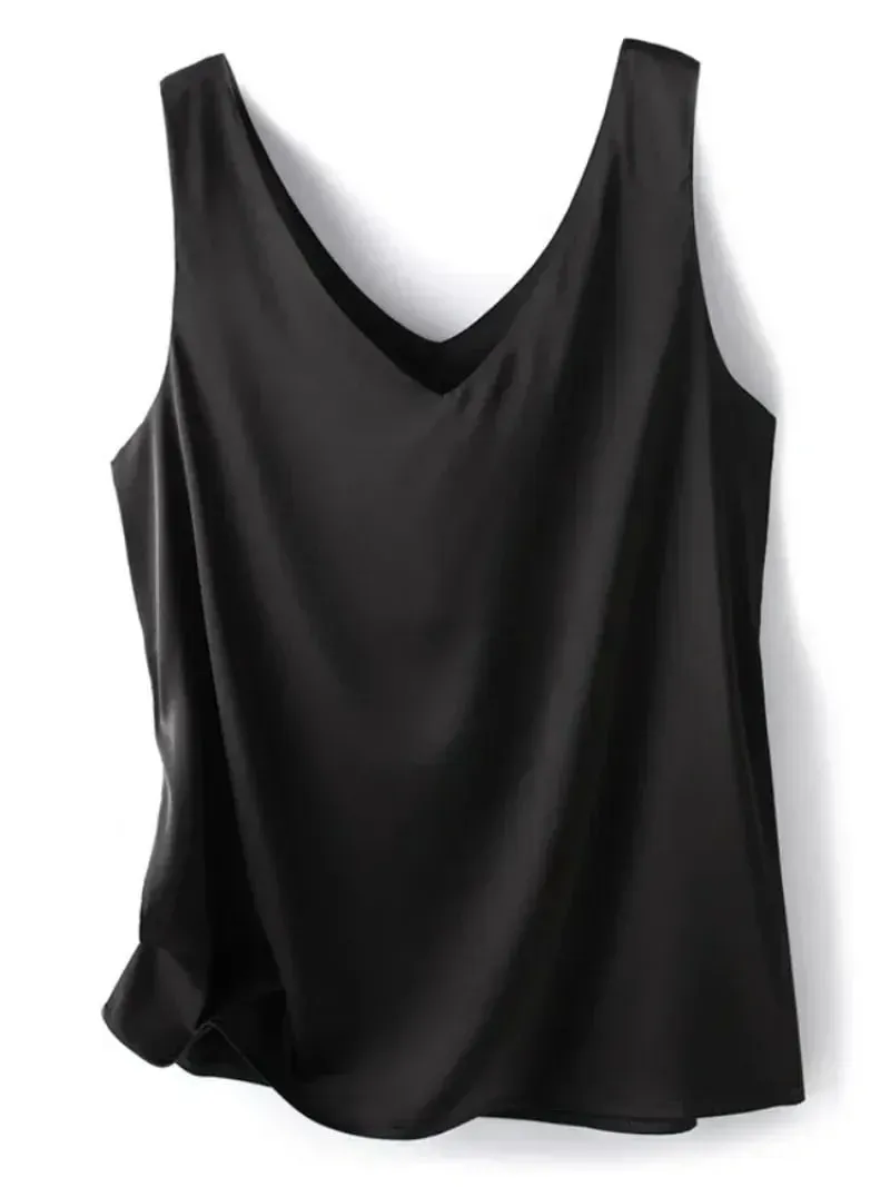 Kvinde T-shirts Elegant SILK Satin Bluse Ærmeløs Kvinde Sommer Casual Løse Tanks og Camis Ensfarvede grønne toppe til kvinder