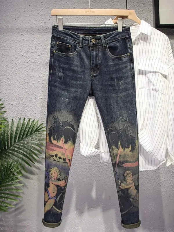 Spring and Autumn New Fashion Trend Printed Straight Leg Elastic Jeans For Men's Casual Retro Sports High-Quality Jeans 28-36