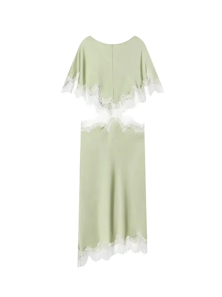 Women's Lace Trim Dress Cloak Sleeve Asymmetric Hem Cut Out Mini Dress Elegant Street Fashion Casual O Neck Dresses