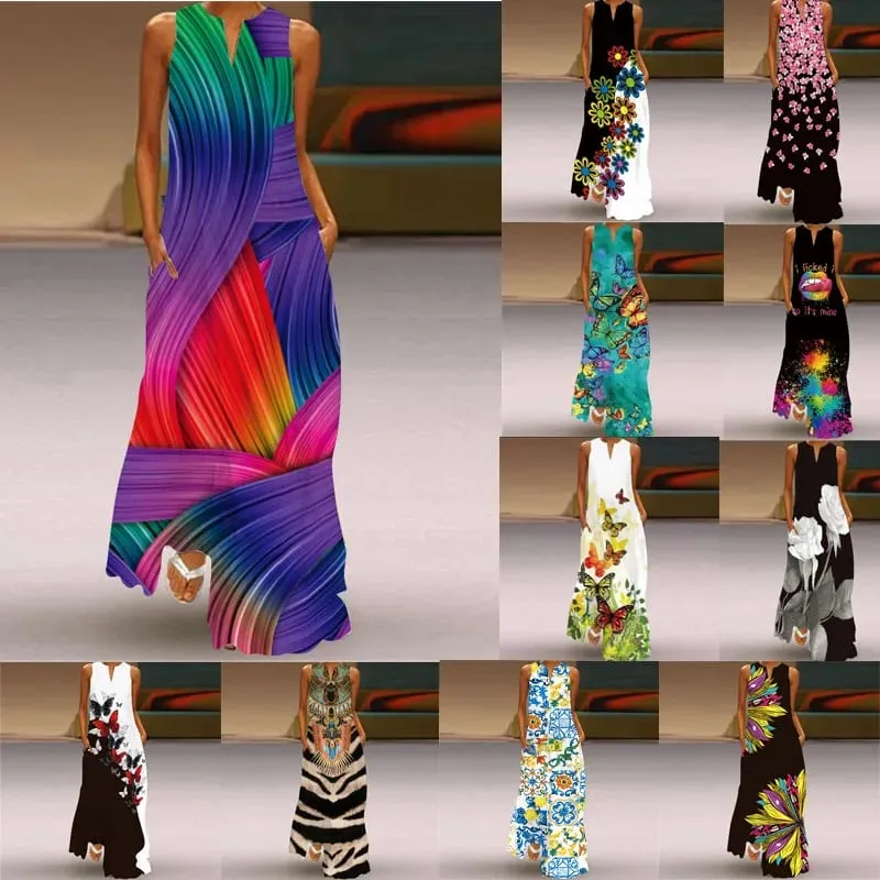 Women Dresses 2026 New summer wear sleeveless long dress V-neck printed emerald flower dress women's clothing vestidoes