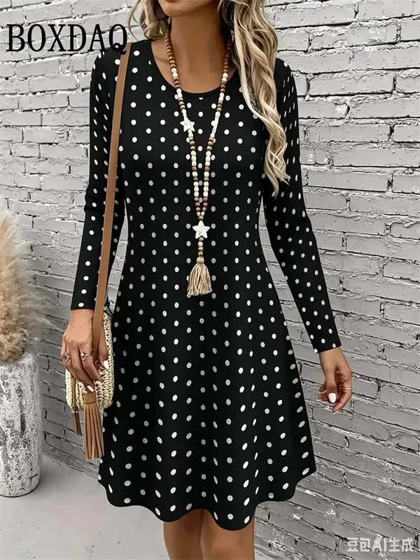 Polka Dot 3D Print Dresses For Women 2026 Autumn Fashion Long Sleeve A-Line Dress Women Casual O-Neck Loose Home Dress Vestidos