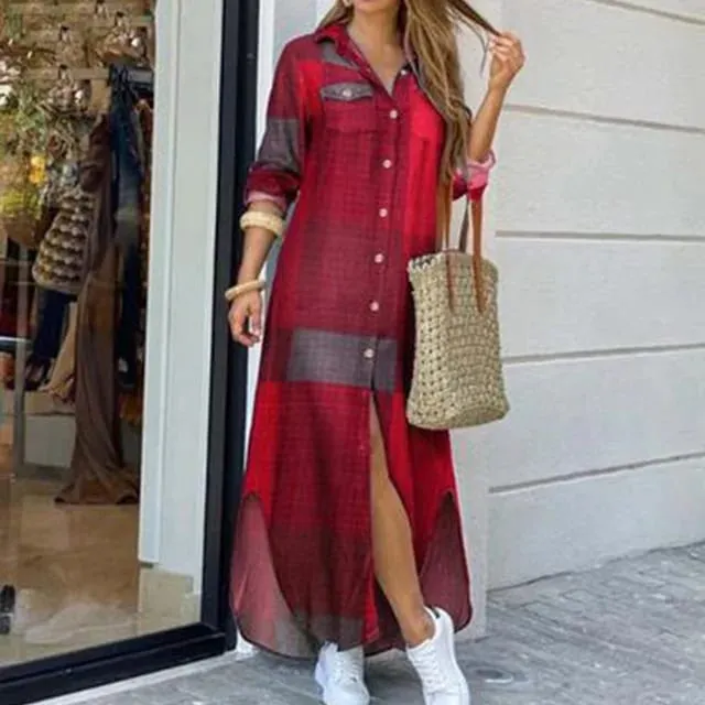 Robe longue en Denim pour femmes, manches longues, chemise, avec poches, boutons, imprimée, décontractée, ample, nouvelle collection automne 2023