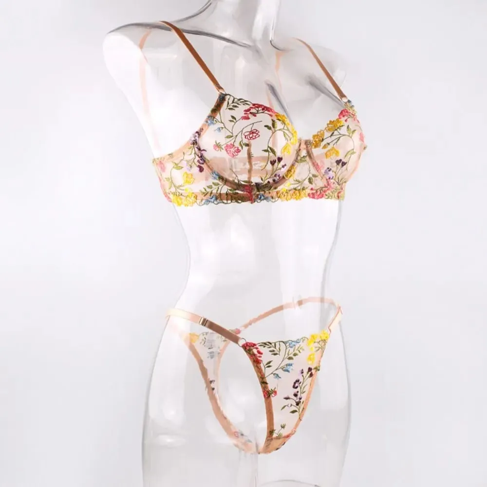 2 ชิ้นโบฮีเมียดอกไม้ชุดชั้นในชุดเย็บปักถักร้อยชุดชั้นใน Intimates อเนกประสงค์ Underwire Push-Up Bra กางเกงชุดสำหรับสาวเลดี้