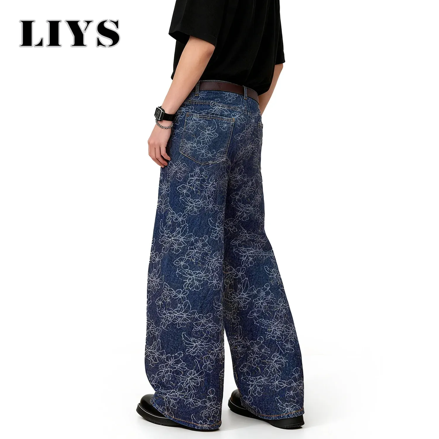Japanese-Korean Style Floral Jacquard Baggy Wide-leg Jeans American Retro Floral Daily Casual Wide-leg Denim Pants Unisex