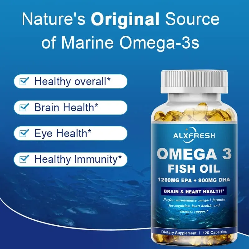 Minyak Ikan Alxfresh Wild Caught Omega 3– 120/60 Gel Lembut –3600mg Tinggi EPA 1300mg DHA 900mg Bukan GMO Makanan Tambahan Tanpa Gluten