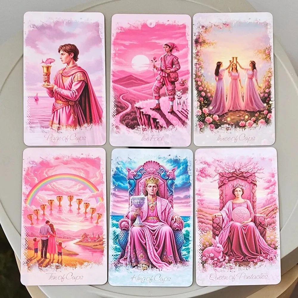 Pink Romantic Fantasy Tarot Deck in Tin Box 78-Card Full Deck with Instruction Book 11*6.2cm Spiritual Divination Oracle
