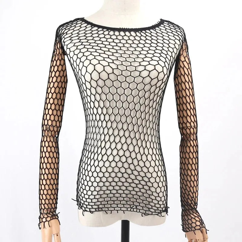 Sexy Hollow Out Mesh T-Shirt Female Skinny Crop Top Fashion Summer Basic Tops for Women Fishnet Shirt