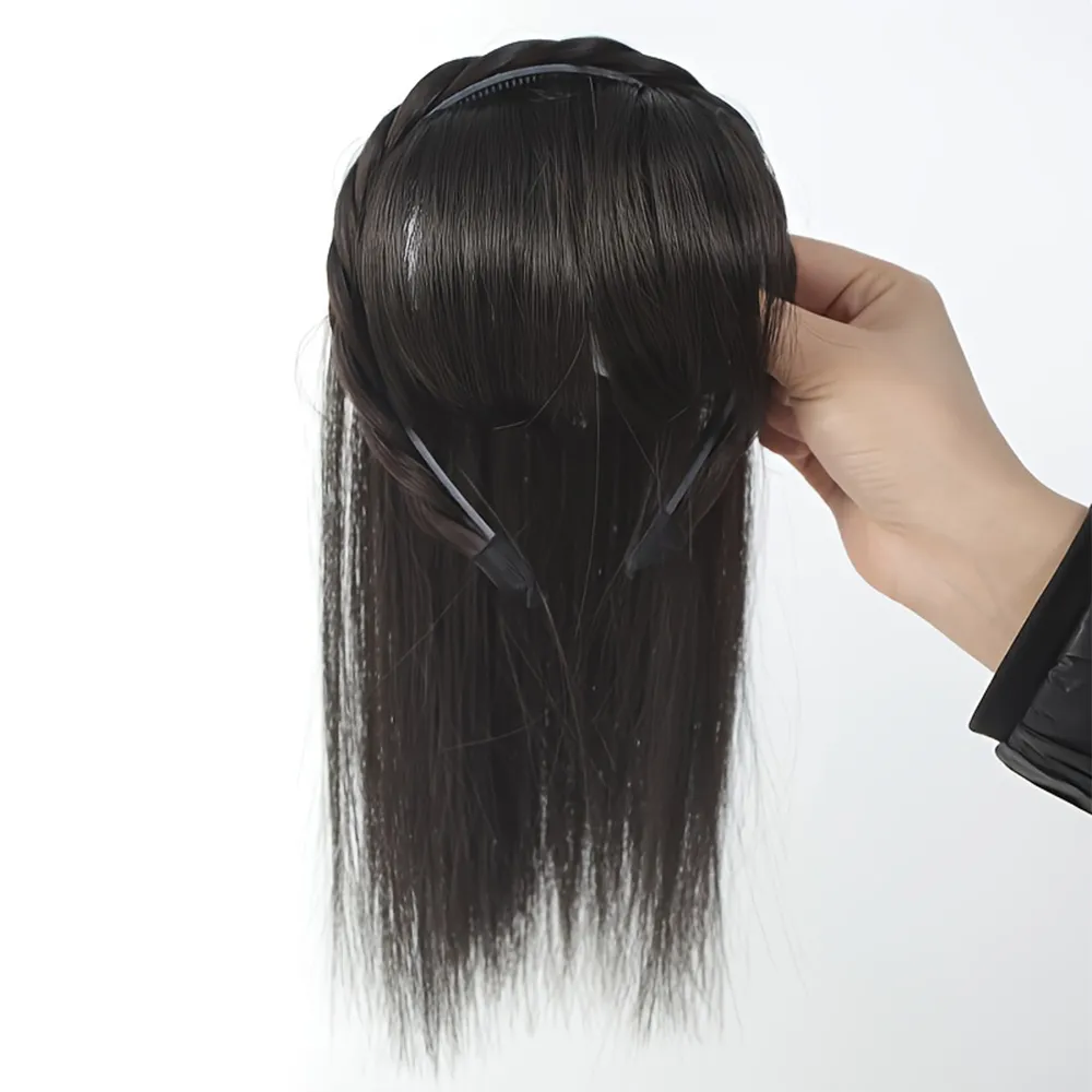 Natural Look Synthetic Straight Hair Extensions - Chic Braided Headband with Clip-In Hair Topper & Bangs for Women