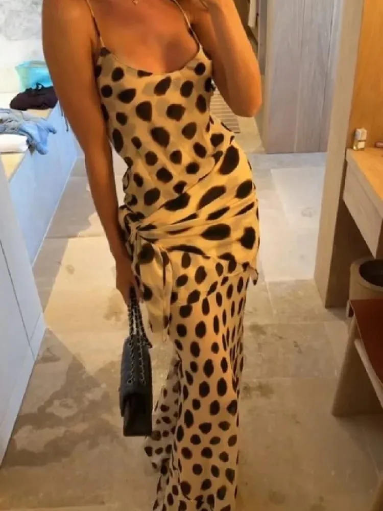 Trendy Slip Dress Animal Print V-neck Ruched Drawstring Sexy Maxi Women Dresses Party Stylish Retro Summer Street Outfits