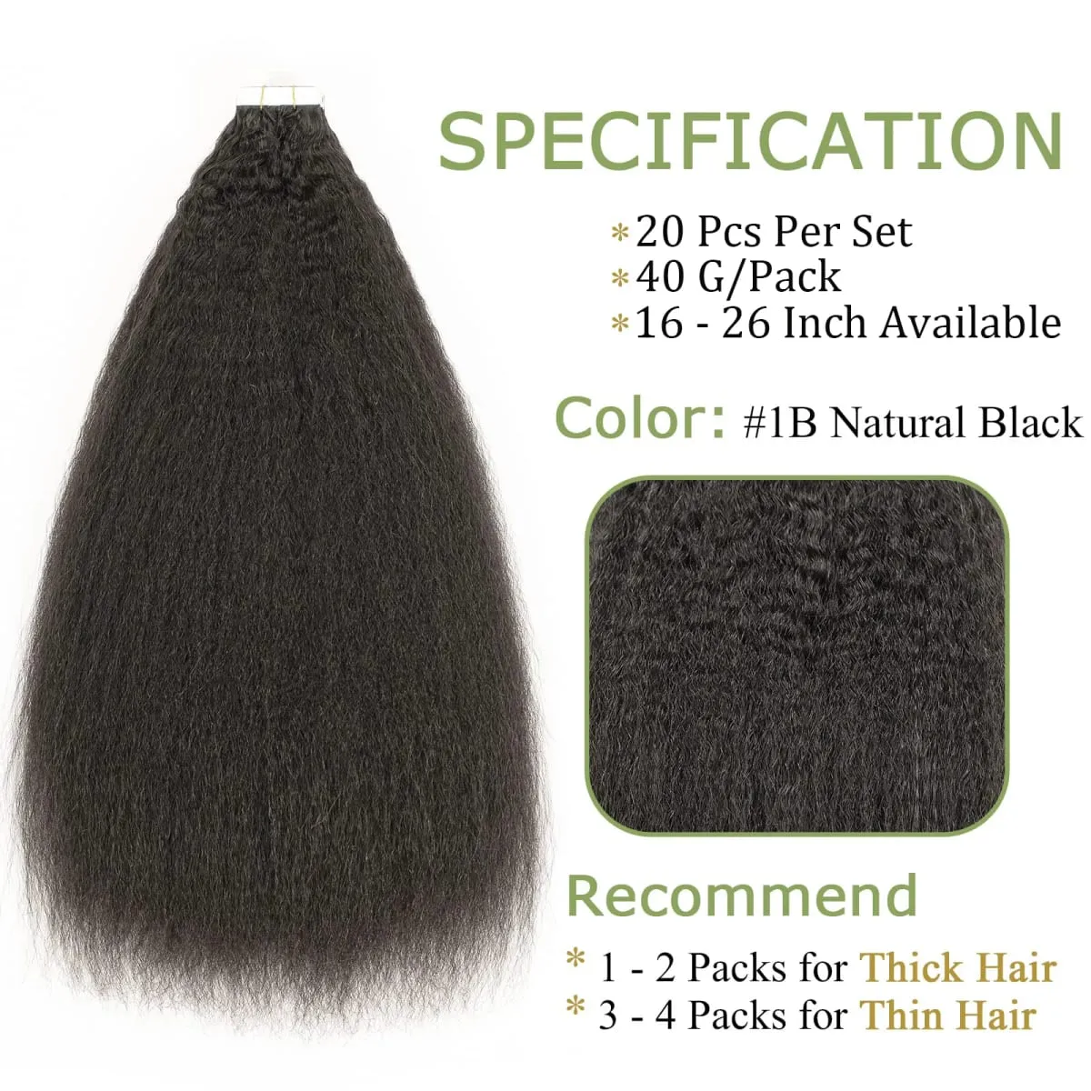 Kinky Straight Tape In Human Hair Extensions Natural Black #1B 100% Remy Brazilian Human For Black Women Tape Ins 16-26 Inch