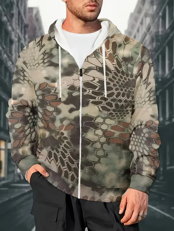 Men's Camouflage Graphic Zipper Hoodie Long Sleeve Casual Outdoor Jacket Drawstring Loose Comfortable Men's Sweatshirts Clothing